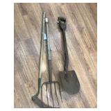 Shovel, hay fork, and Sythe