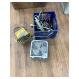 Electric cords, fan, light, crate