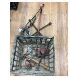 Milk crate with vintage tools