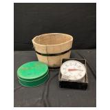 Wooden Bucket, Tin, Thermometer