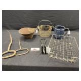 Bale hooks, enamel pot, metal basket, and misc.