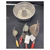 Cake pan, and strainers