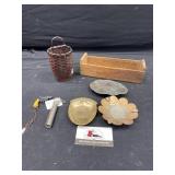Brass tray, basket, cheese box, scale and misc.