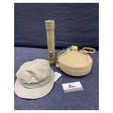 Vintage Army canteen, Hat, and flash light