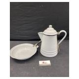 White enamel coffee pot and pan