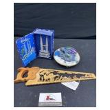 Twin towers, carved saw, and dragon