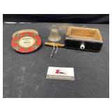 Wooden drawer, checker, brass bell, and Misc.