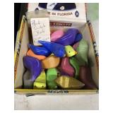 Cigar box full of hand crafted and painted birds