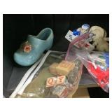 Cracker Jack chip clip, wood blocks, and plastic