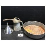 Galvanized Tub, Oil Can & Metal Funnel