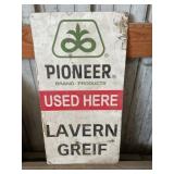 Metal Pioneer sign Lavern Greif dealer