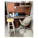 Desk, stool, chairs and office supplies