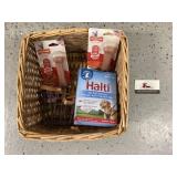 Basket,  halti no pull harness and two nylabones