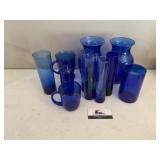 Blue glassware, vases