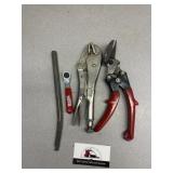 Vise grips, tin snips, misc