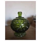 Green Glass Covered Candy Dish