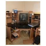 Dell monitor, keyboard, speakers, desk, office