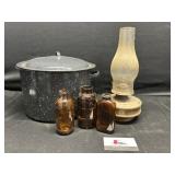 Enamelware, Oil Lamp Brown Bottles