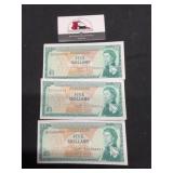 Three East Caribbean $5 Notes UNC