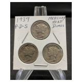 1939-P-D-S Mercury Dimes