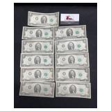 Group of 11 $2 Bills- Green Seals