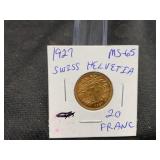 1927 Switzerland Gold 20 Franc .1867 OZ