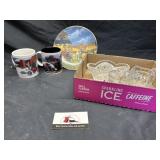 Tractor mugs and plate, misc glassware