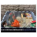 Tote of misc Christmas decor, brass bells