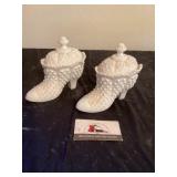 Milk, glass shoes with lids one has damage