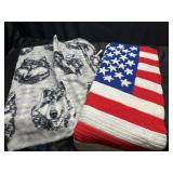Wolf blanket and American Flag afghan