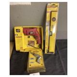 Electric drill, level, screwdriver