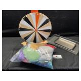 Wood spin wheel. Fabric jewelry pouches