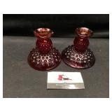 Fenton red hobnail candle holders