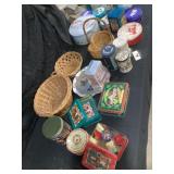 Tins and wicker baskets