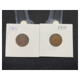 Two 1901 Indian Head Penny