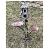 Metal garden decor birdhouse and bird bath