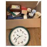 Bird clock, books, misc