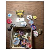 Police patch, pins, Boy Scouts clip, misc