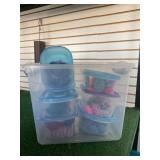 Small tote of crocheted items and yarn