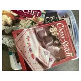 Tote of crocheted and cross stitch books