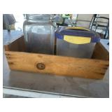 Wooden crate, glass jar, and misc