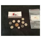 3- 3 cent coins, 1 mercury dime, 2 cent coin w