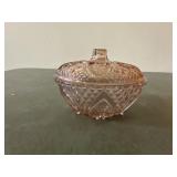Pink depression glass candy bowl with lid