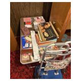 Suit case, walker, greeting cards, misc