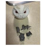 Pewter and ceramic owls