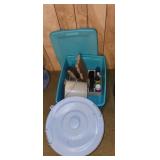 Small trash bin & tote of polishing supplies