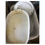 Enamel pan, lids, misc