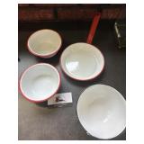 Enamel bowls and pan