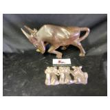 Cast iron pig decor and wood bull