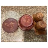 Wood coasters and salt and pepper